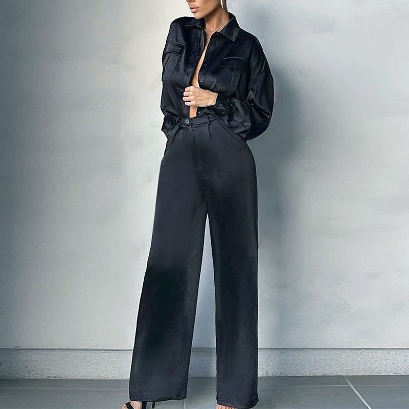 Dame Elegant Satin-kombination outfit med bred pasform og stilfulde knapdetaljer Stilla