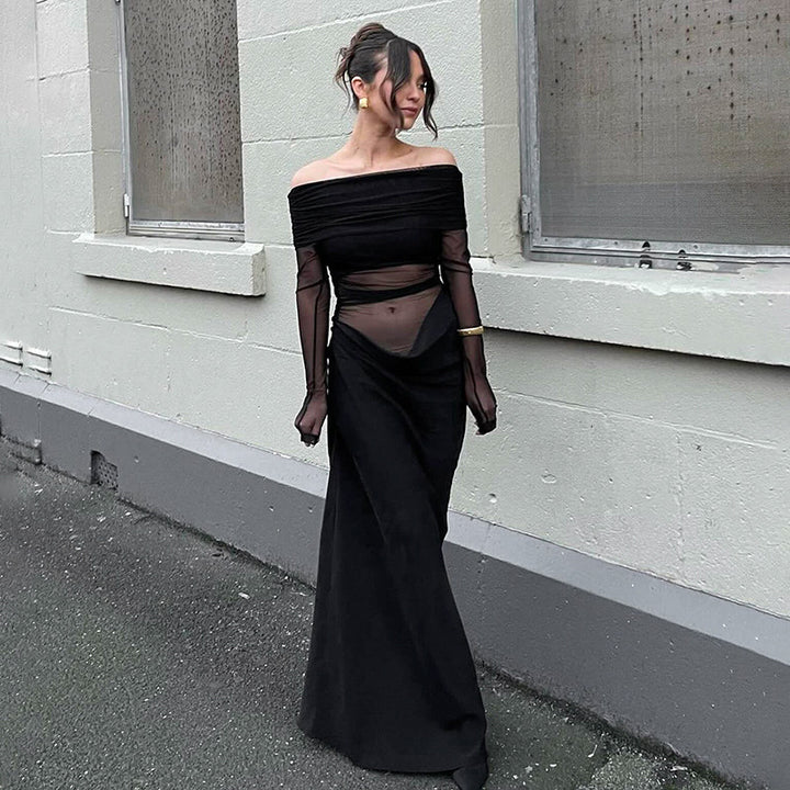 Dame Off-Shoulder Maxikjole med tætsiddende snit og gennemsigtige detaljer Stilla