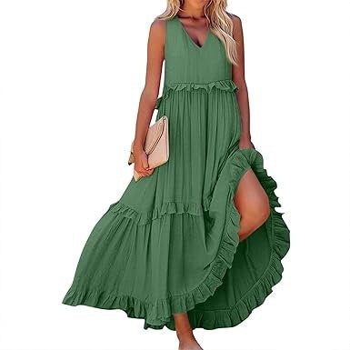 Dame maxikjole med flydende snit og flæsedetaljer Stilla