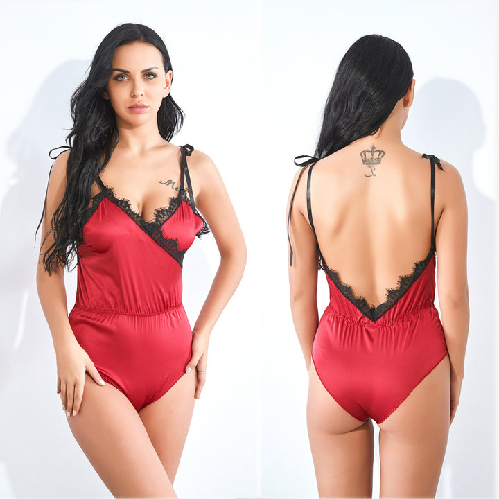 Dame satin bodystocking med spidsbånd Stilla