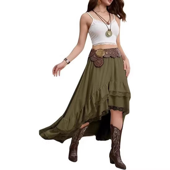 Dame Boho Maxi-nederdel med asymmetrisk kant og spids dekoration Skovae