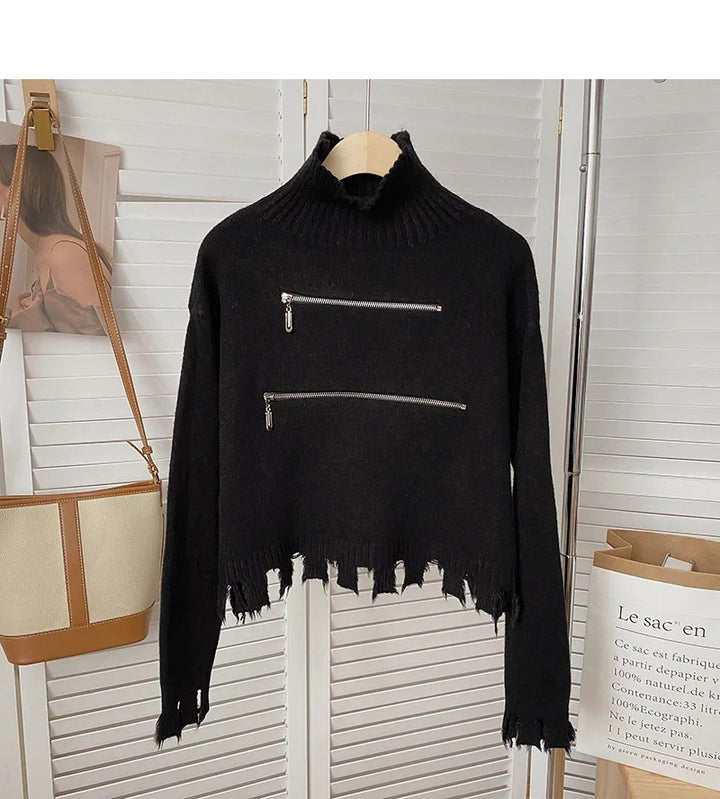 Dame Modisch Strikpullover med Ståkrave og Lynlåsdetaljer Stilla