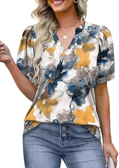 Damebluse med V-hals og puffærmer Stilla