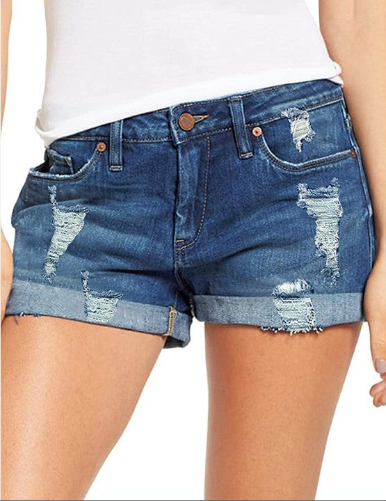 Dame modische Destroyed Denim-shorts med omfoldet kant Skovae