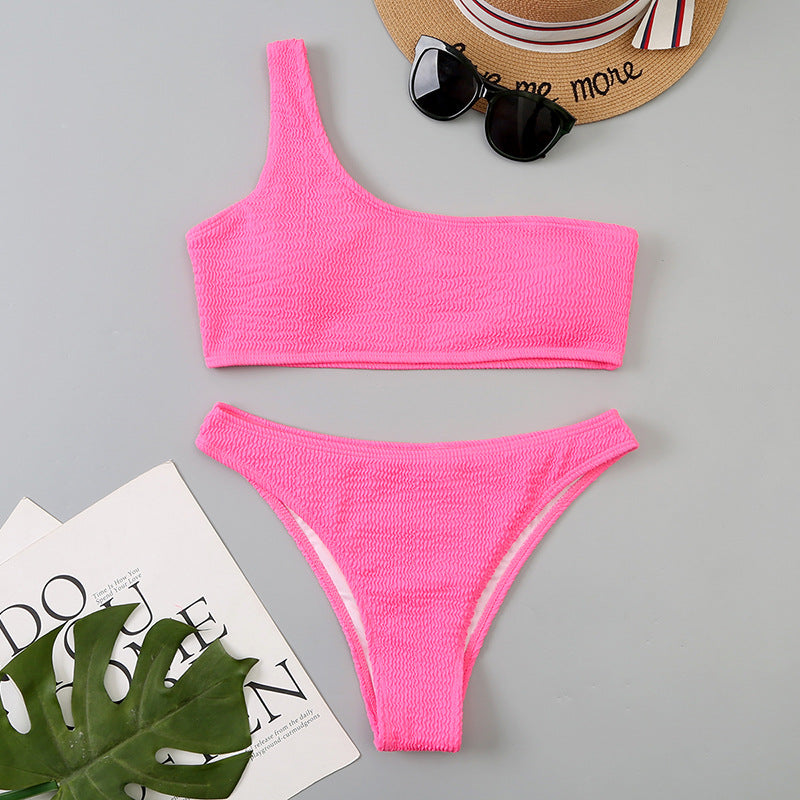 Femme Ribbetrik En-skulder Bikini Sæt Stilla