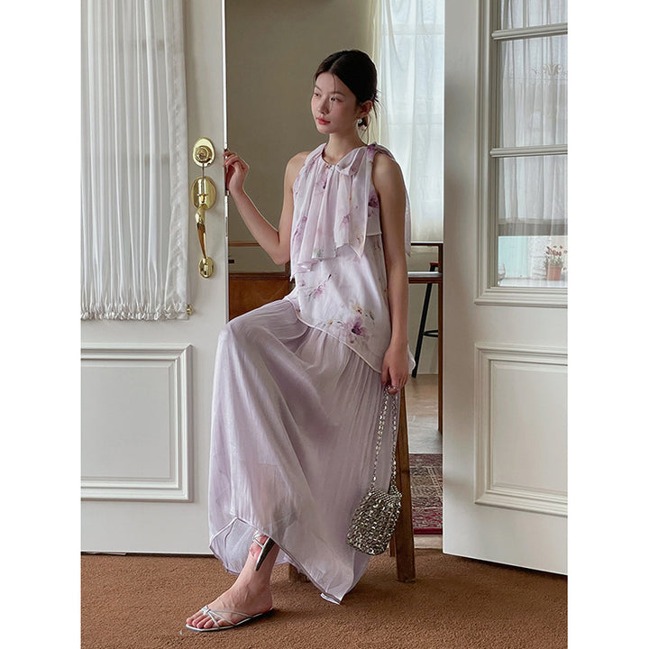 Dame rynketop i let chiffon med blomstret design og indpakningsdetalje Stilla