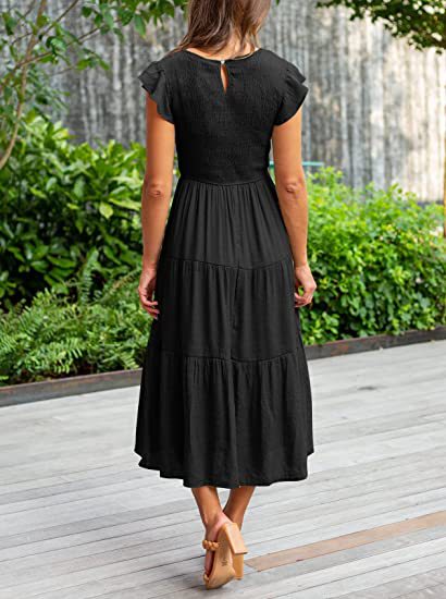 Stilla | Solid Farvet Rund Hals Cap Sleeve Løs Maxi Kjole