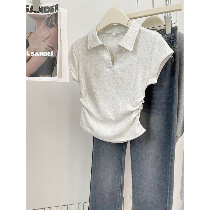 Femme Cropped Polo Stil Top med sidelæns rynkning 詳細 Stilla
