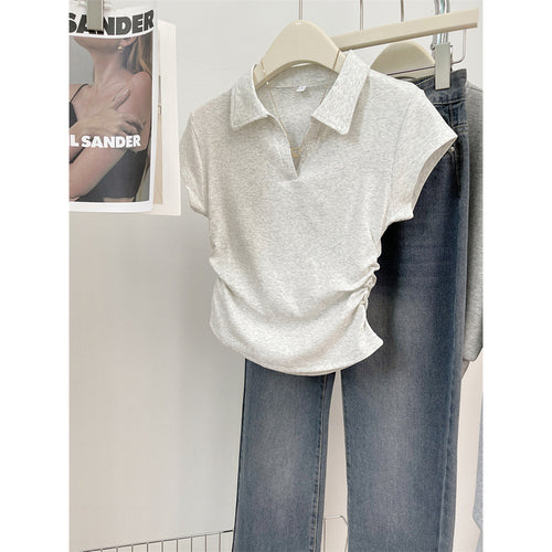 Femme Cropped Polo Stil Top med sidelæns rynkning 詳細 Stilla