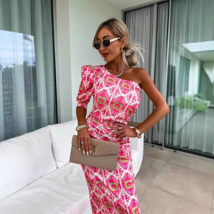 Femme One-Shoulder Maxi-Kjole med livlig grafiktryk Stilla