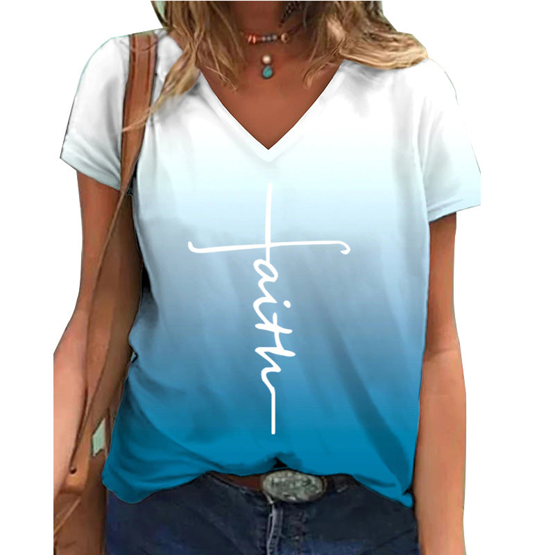 Dame V-hals T-shirt med moderne farveforløb og inspirerende tekst Stilla