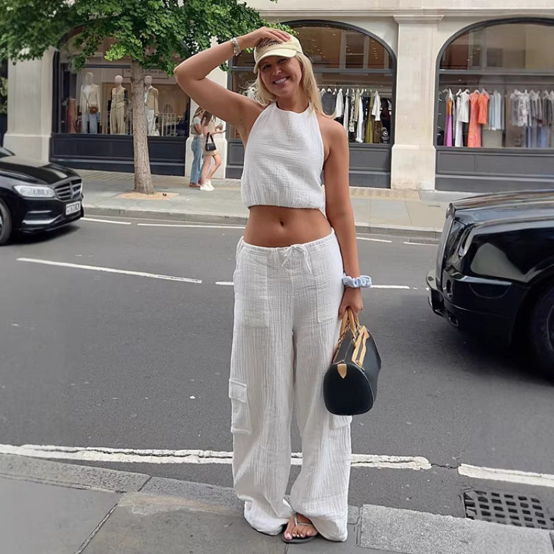 Damen lässiges Set aus Crop-Top und weit geschnittenen Hosen Skovae