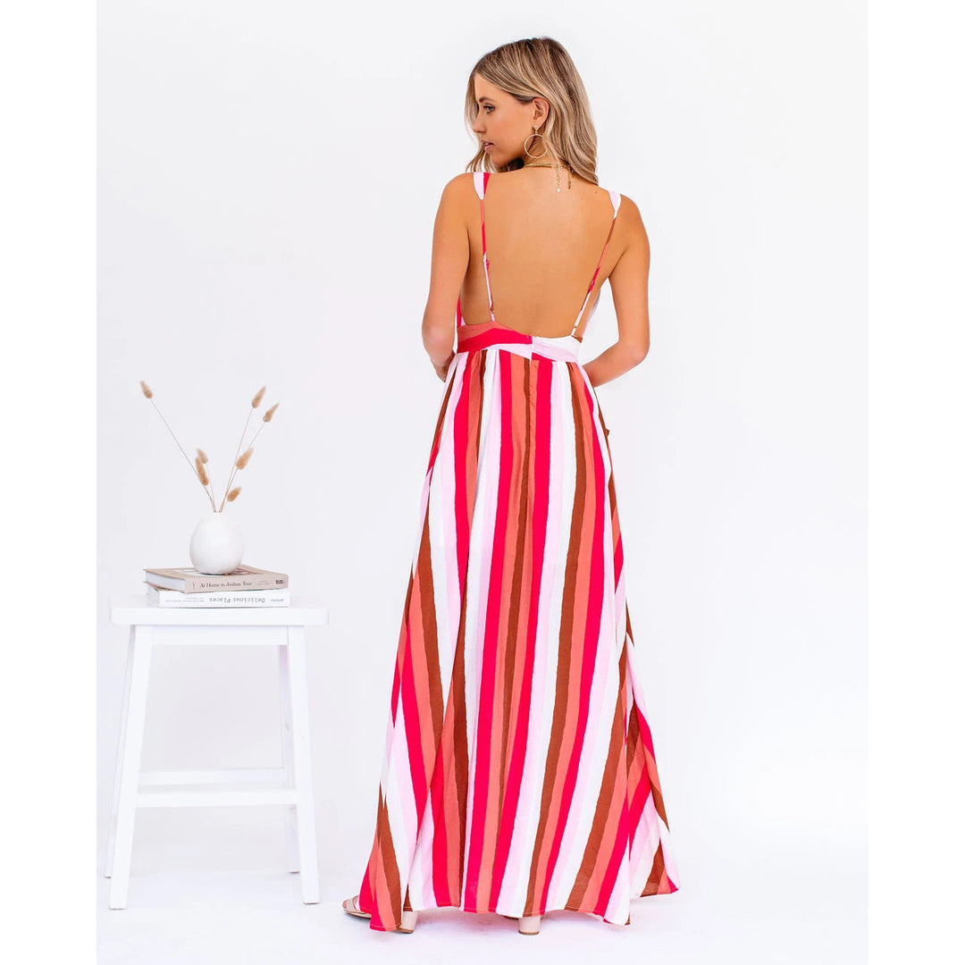 Dame Maxi-strandkjole med dyb V-udskæring og taljerbar bælte Stiila