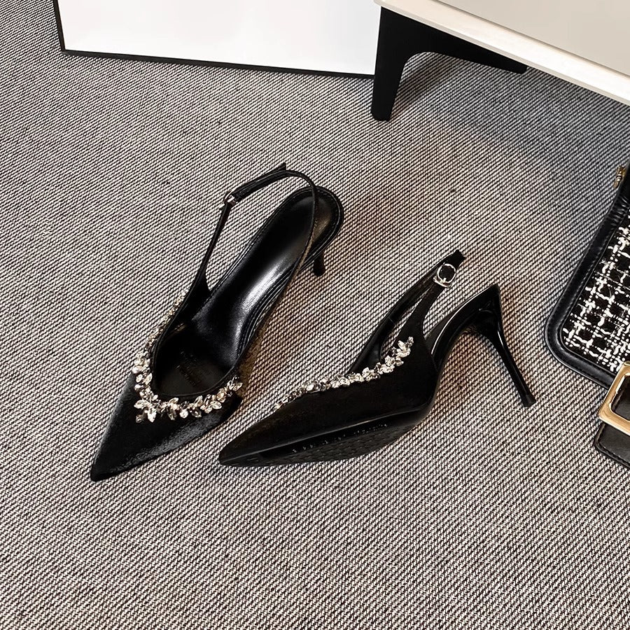 Dame Elegante Spids- tå Slingback Pumps med Krystaldekorationer Stilla