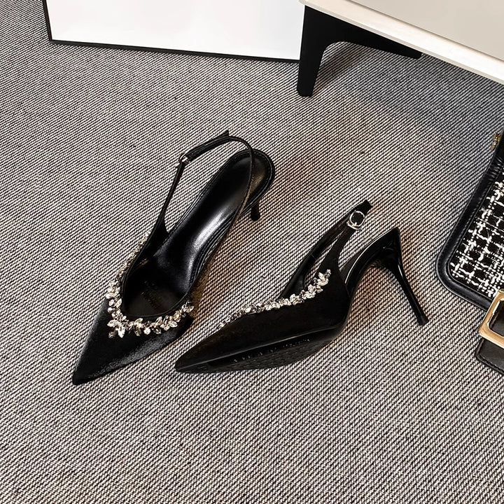 Dame Elegante Spids- tå Slingback Pumps med Krystaldekorationer Stilla