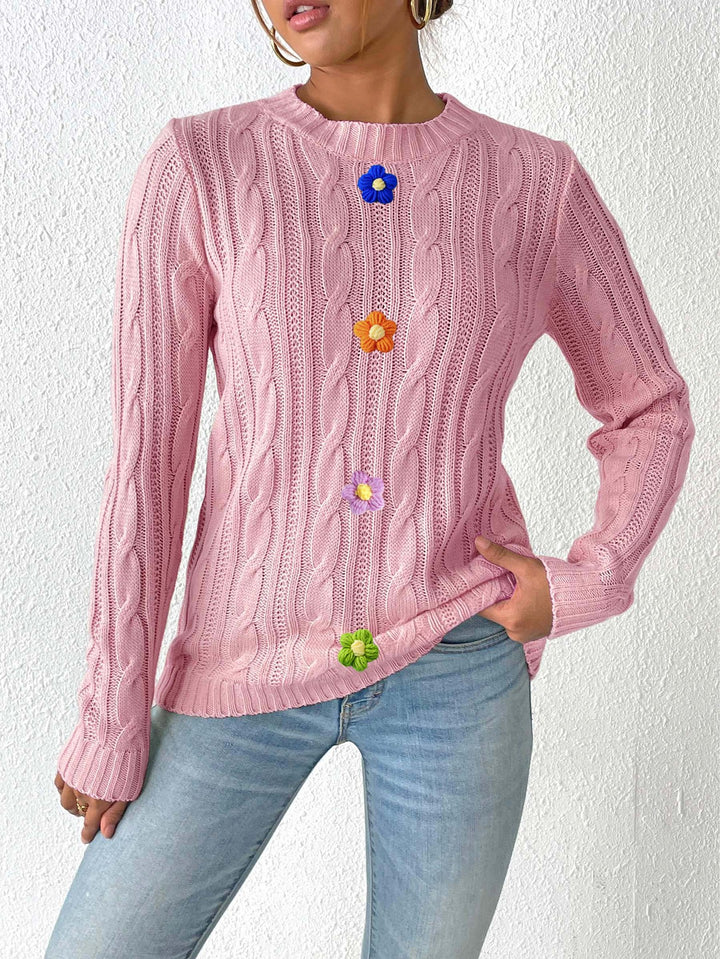 Dame striktrøje med florale applikationer og struktureret design Stilla