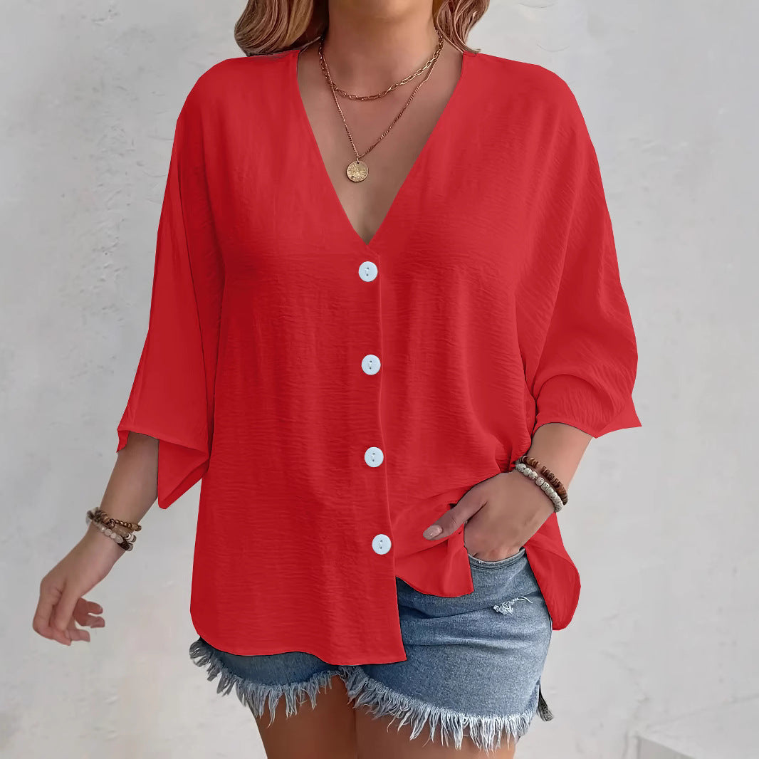 Dame Viskose Oversize-Bluse med V-udskæring og knapdetaljer Stilla