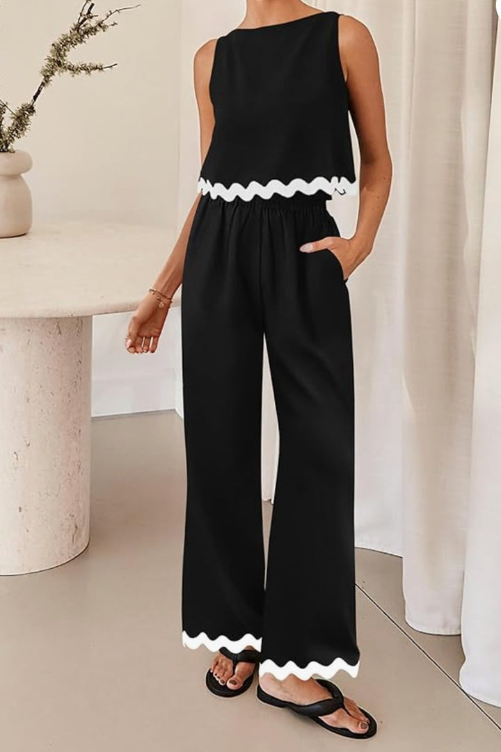 Dame Elegant To-delt Ensemble med flydende snit og dekorativt kant Stilla