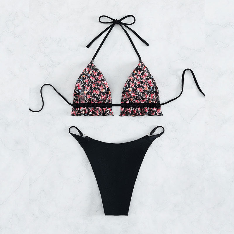 Dame trekant-bikini-sæt med blomster mønster og flæser