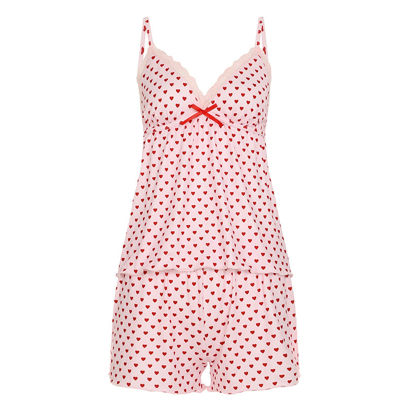 Dame pyjamasæt med hjerteprint og blonder Skovae