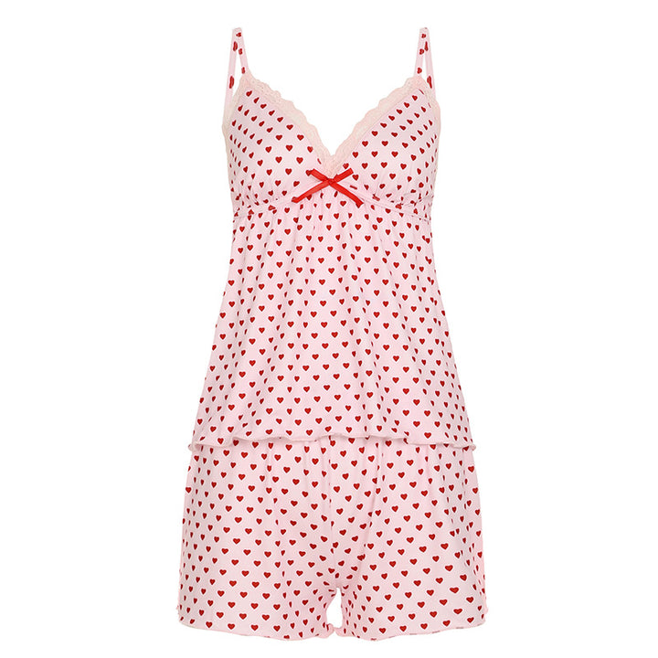 Dame pyjamasæt med hjerteprint og blonder Skovae