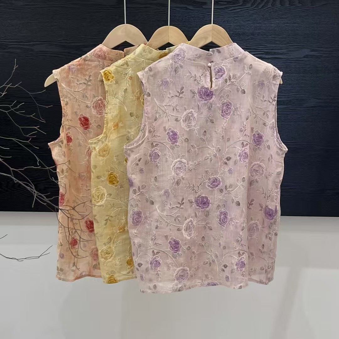 Dame Broderede Blomster Ærmeløs Bluse Stilla