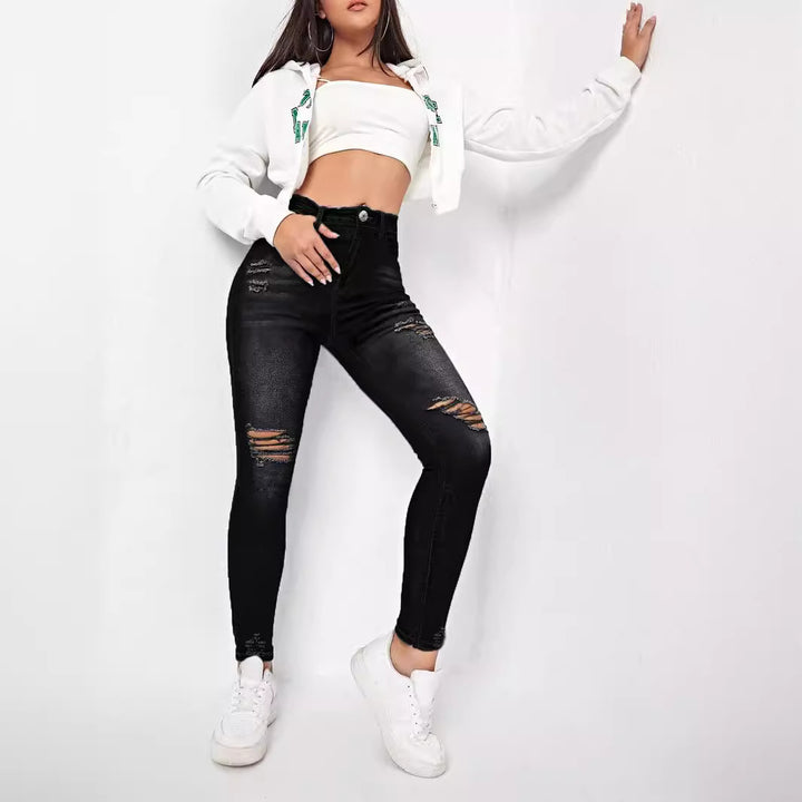 Dame Skinny Jeans i mode ødelagt look med høj talje og behagelig stretch Stilla
