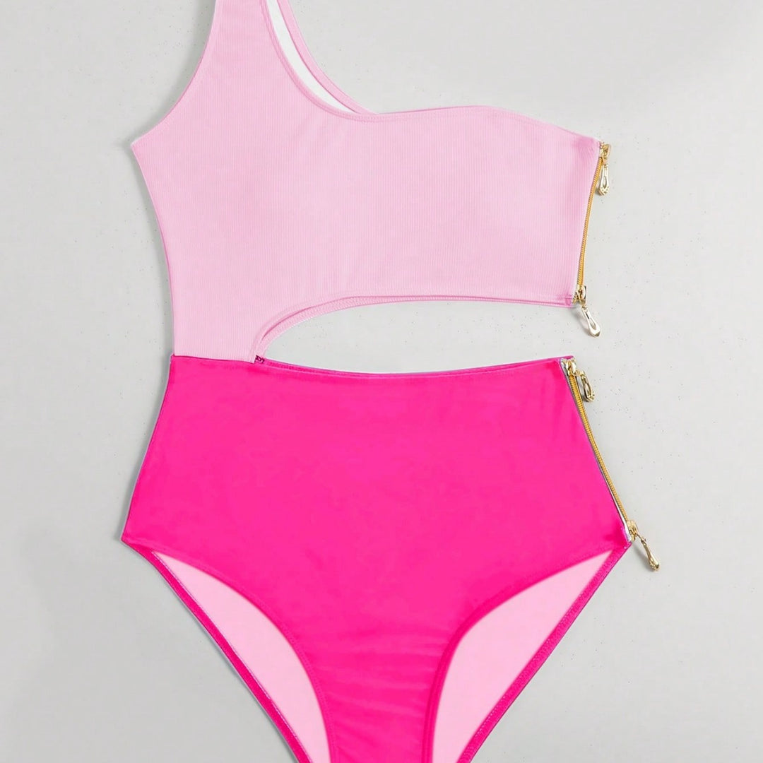Dame one-piece badeshorts med asymmetrisk snit og moderigtig lynlås Skovae
