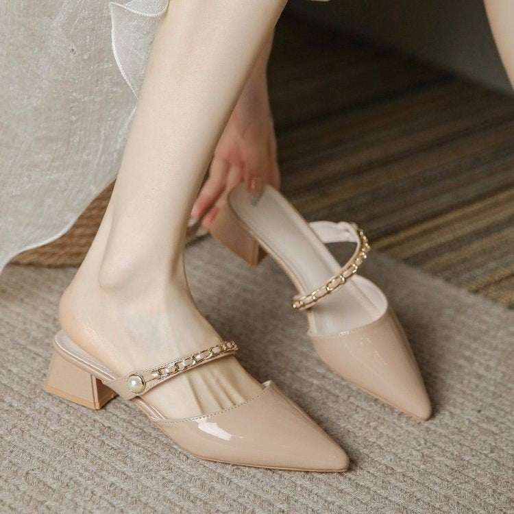 Dame Slingback-pumps med elegant kæde-detalje og stilfuld blokhæl Stilla
