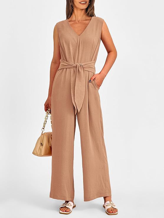 Dame Elegant Jumpsuit med Taljebælte og V-Udskæring Stilla