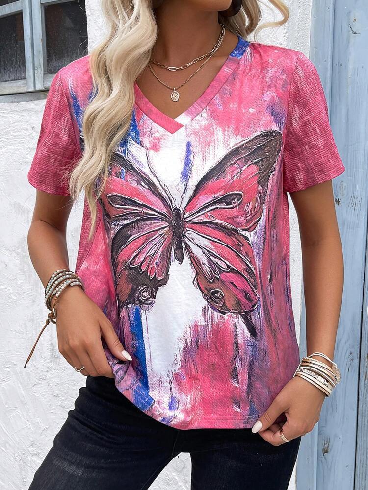 Dame V-hals T-shirt med kunstnerisk sommerfugletryk og afslappet pasform Stilla