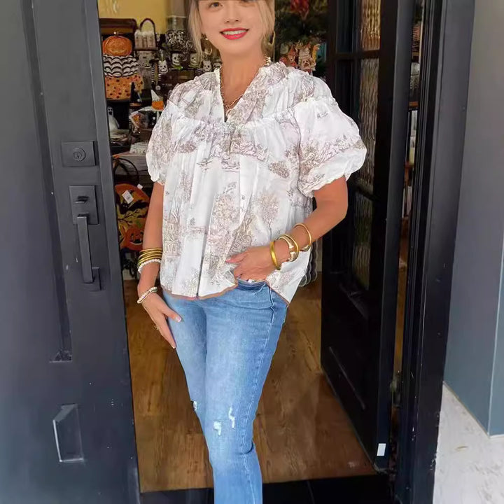 Damer Vintage Bomuldsbluse med grafisk tryk Stilla