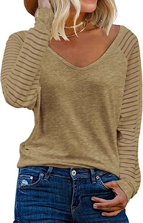 Dame V-hals top med transparente stribearm Stilla