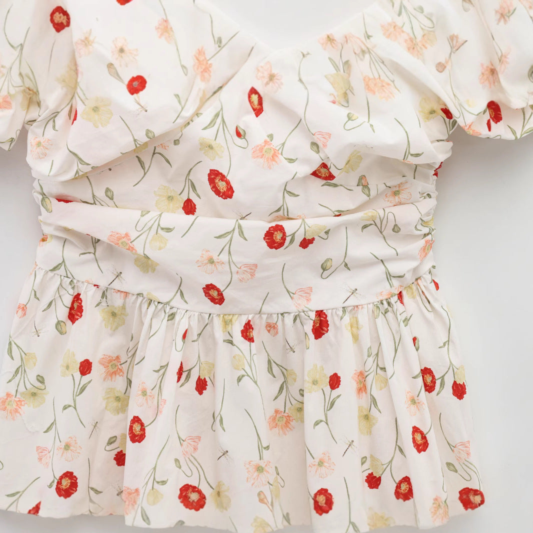Femme Flowey Floral Print Mini Kjole med Puffærmer Stilla