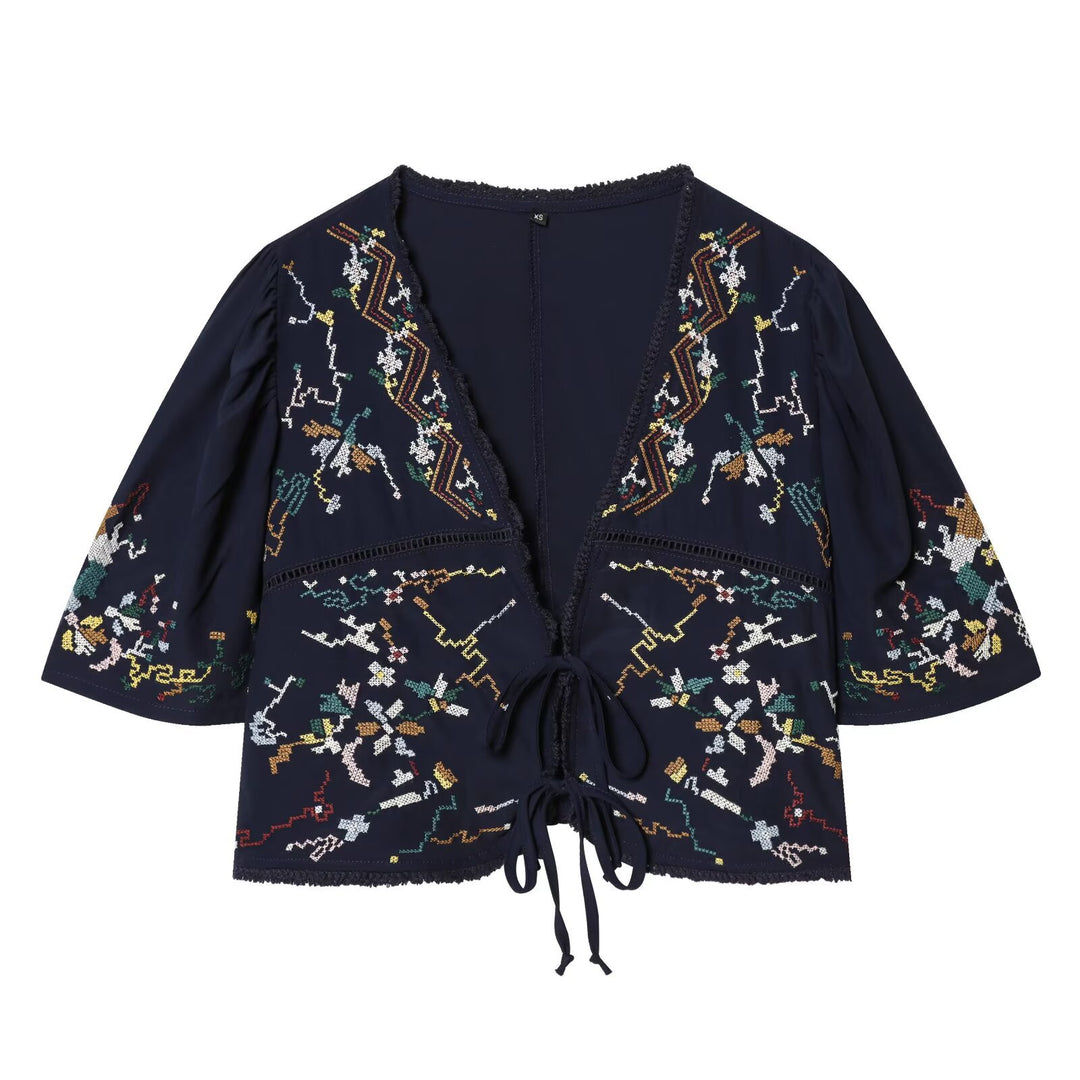 Dame kort bluse kimono med kunstnerisk broderi og talje snøring Skovae