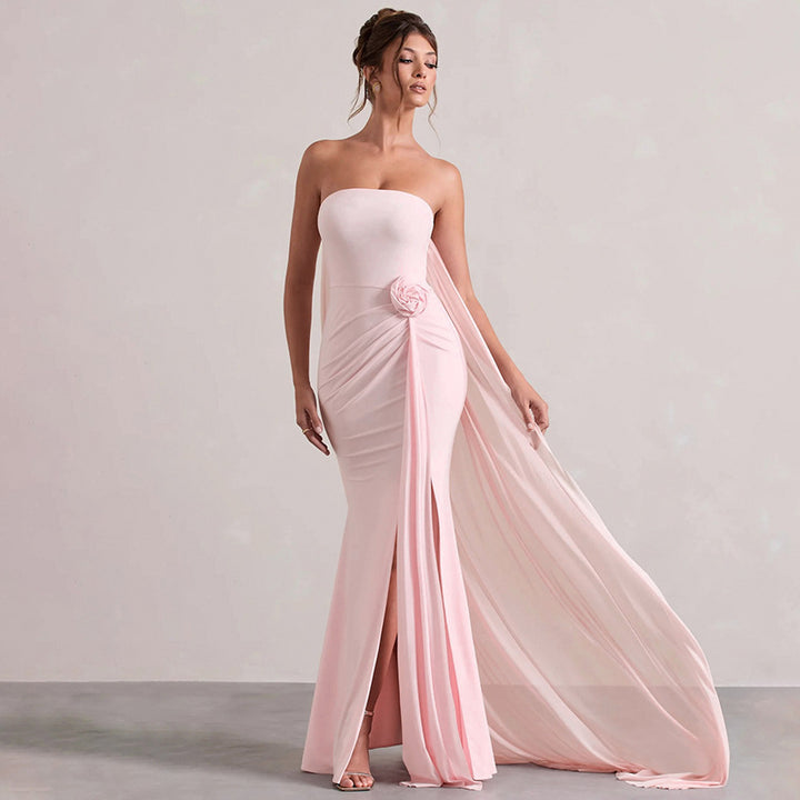 Dame Strapless aften kjole med stilfuld drapering og forførende slids Skovae