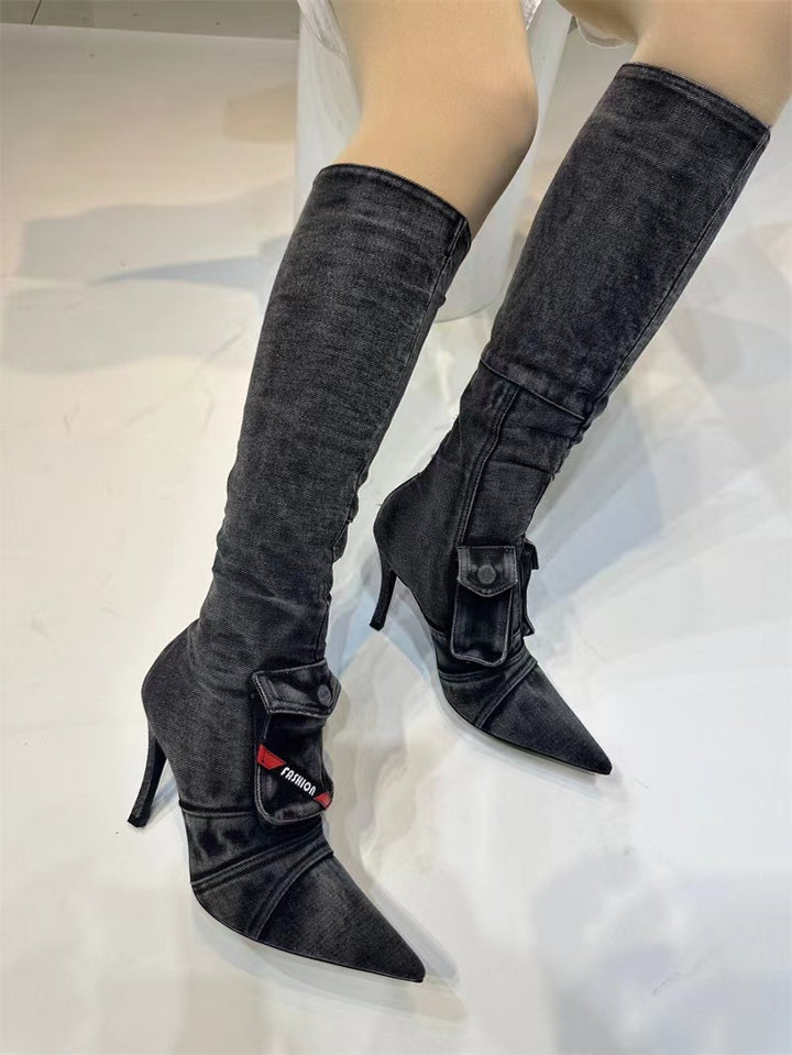 Femme High-Stiletto Denim Over-knæ Støvler med dekorativ lomme Stilla