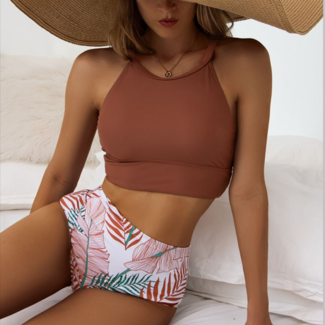 Dame Højskåret Bikini med sporty top og blomsterdesign Stilla
