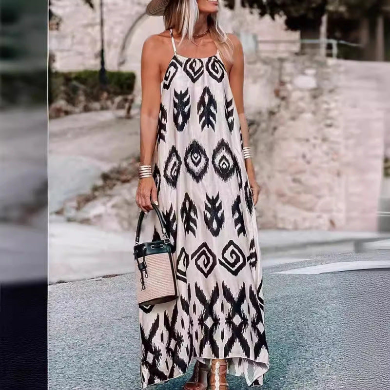 Femme Bohemian Maxi Kjole med justerbare spaghetti stropper Stilla