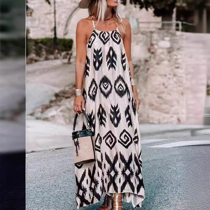 Femme Bohemian Maxi Kjole med justerbare spaghetti stropper Stilla