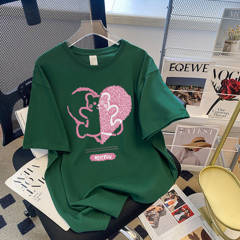 Dame T-shirt med kreativt hjerte- og dyremotiv Stilla