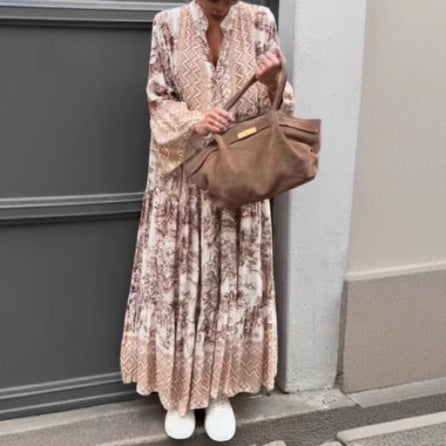 Dame Maxikjole med voluminøse ærmer og elegant mønster Stilla