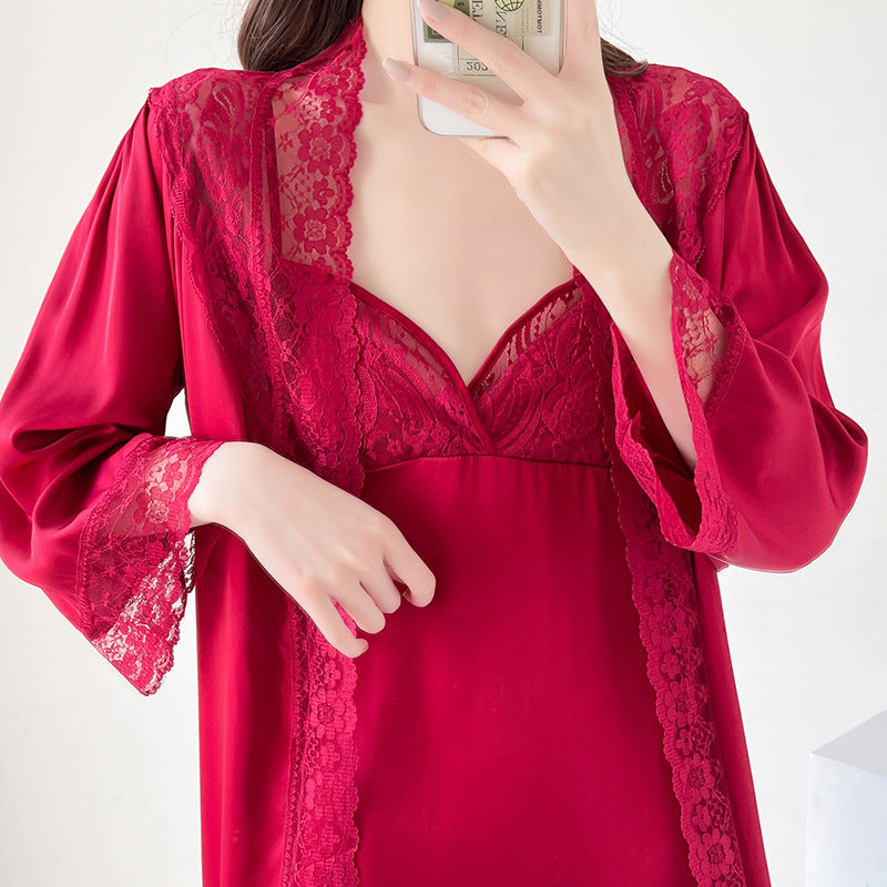 Dame Elegant Nattøj med Spidsedekoration og Kimono-Ærmer Stilla