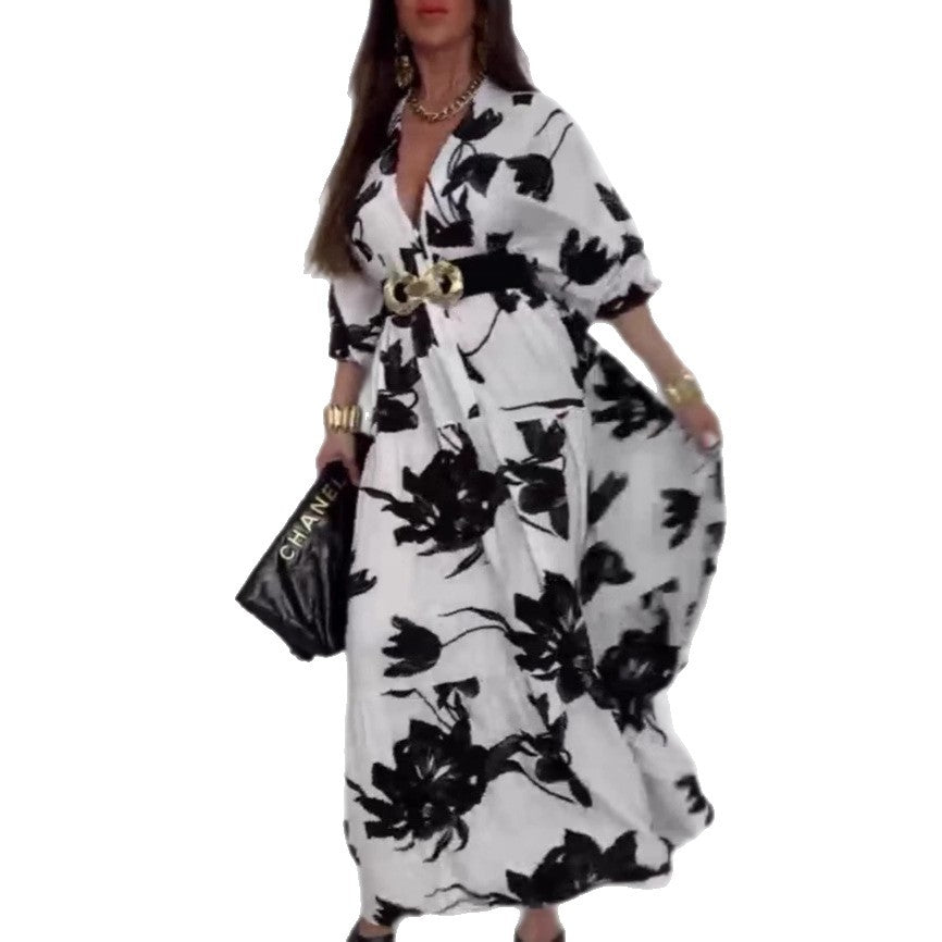 Dame Maxikjole med blomsterede motiver og figursyet bælte Stilla