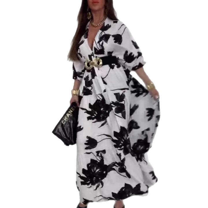 Dame Maxikjole med blomsterede motiver og figursyet bælte Stilla