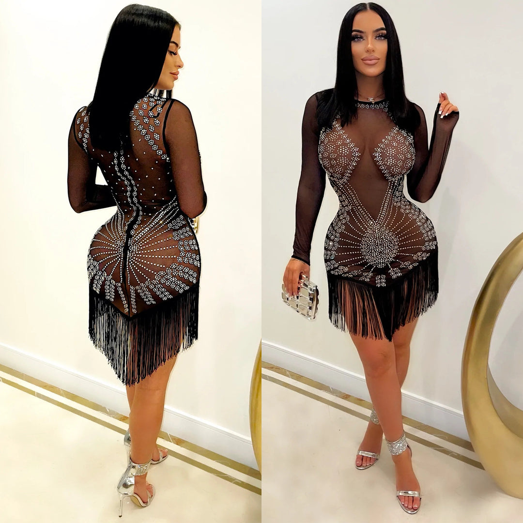 Dame Strass-besat Transparent Mini Kjole Stilla
