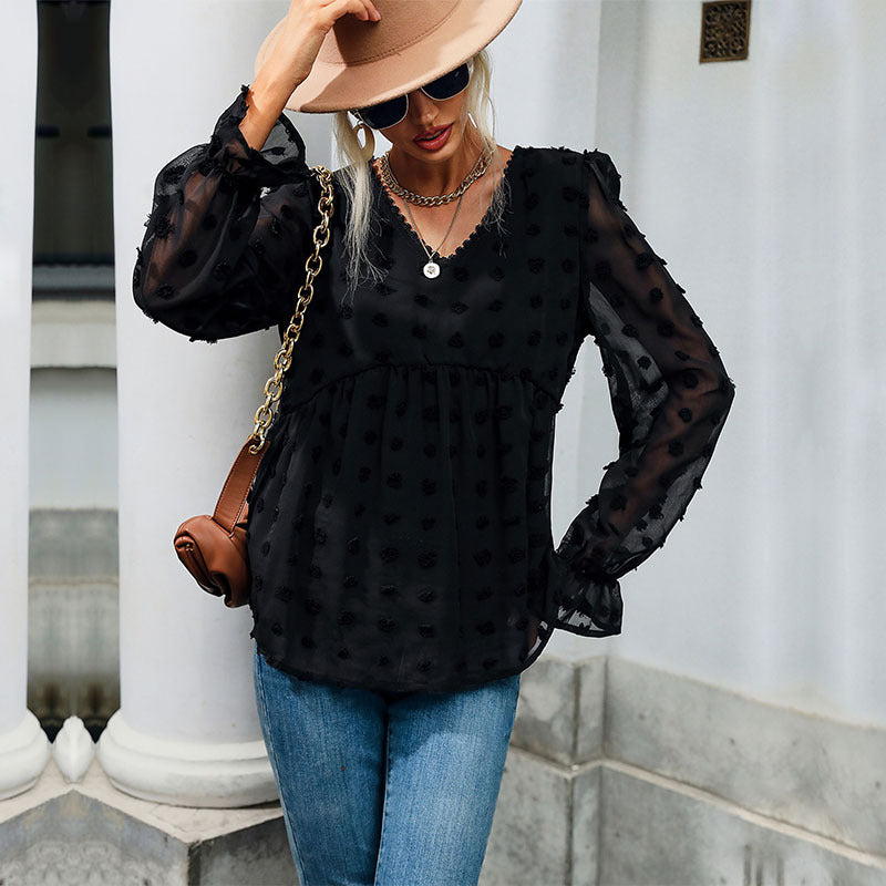 Dame elegant Puffærme bluse med struktureret prikkemønster Stilla