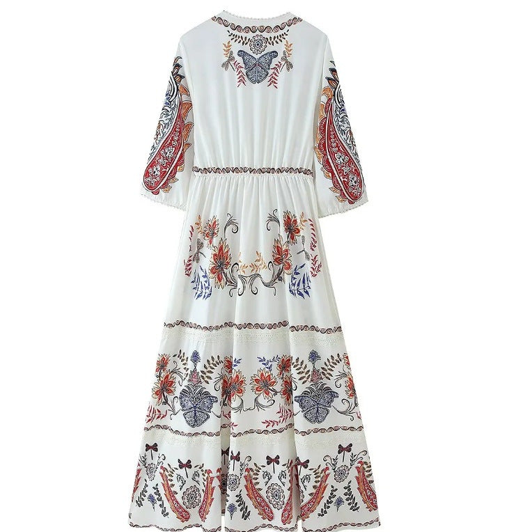 Femme Bohemian Floral Print Maxi Kjole med broderede detaljer Stilla