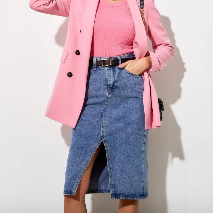 Dame denim midi nederdel med høj slids og alsidigt design Stilla