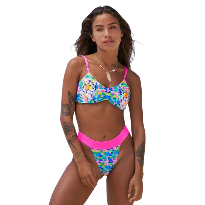 Dame bikini-sæt med geometrisk tiger-design og bred taljebånd Stilla